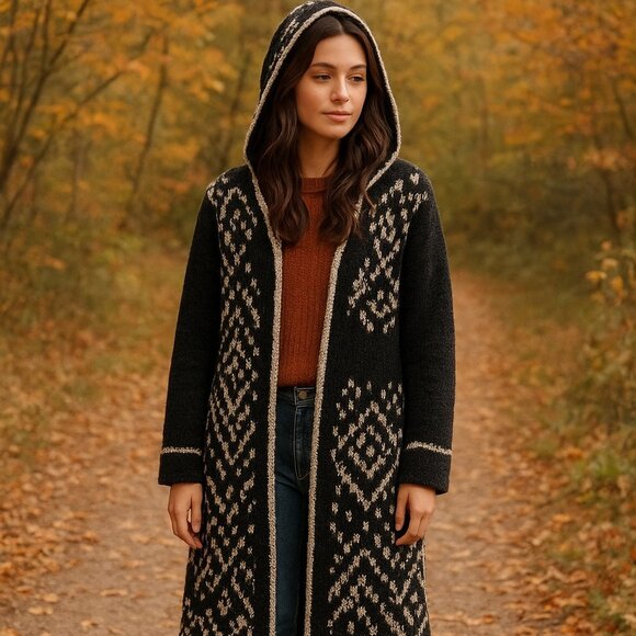 Rare Free People Boho Aztec Boucle Hooded Wool Mohair Sweater Duster Size Small - Picture 2 of 12